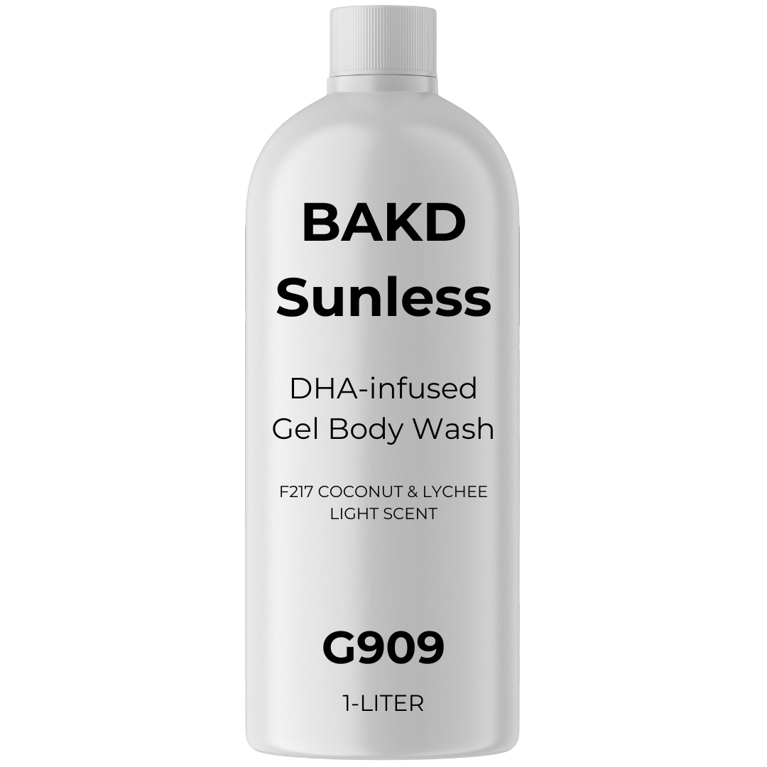 Bakd Sunless Gel Body Wash, DHA-Infused, F217 Coconut & Lychee in LIGHT Scent 1L – UNLABELED (G909)