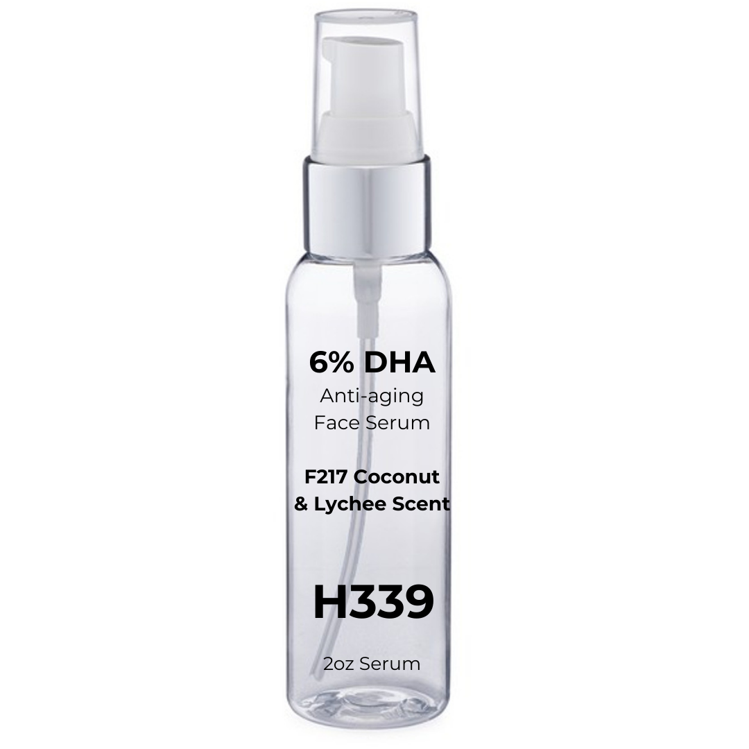 TLV Anti-aging DHA Face Serum, 6% DHA, F217 Coconut & Lychee Scent (2oz clear bottle with white pump) – UNLABELED (H339)