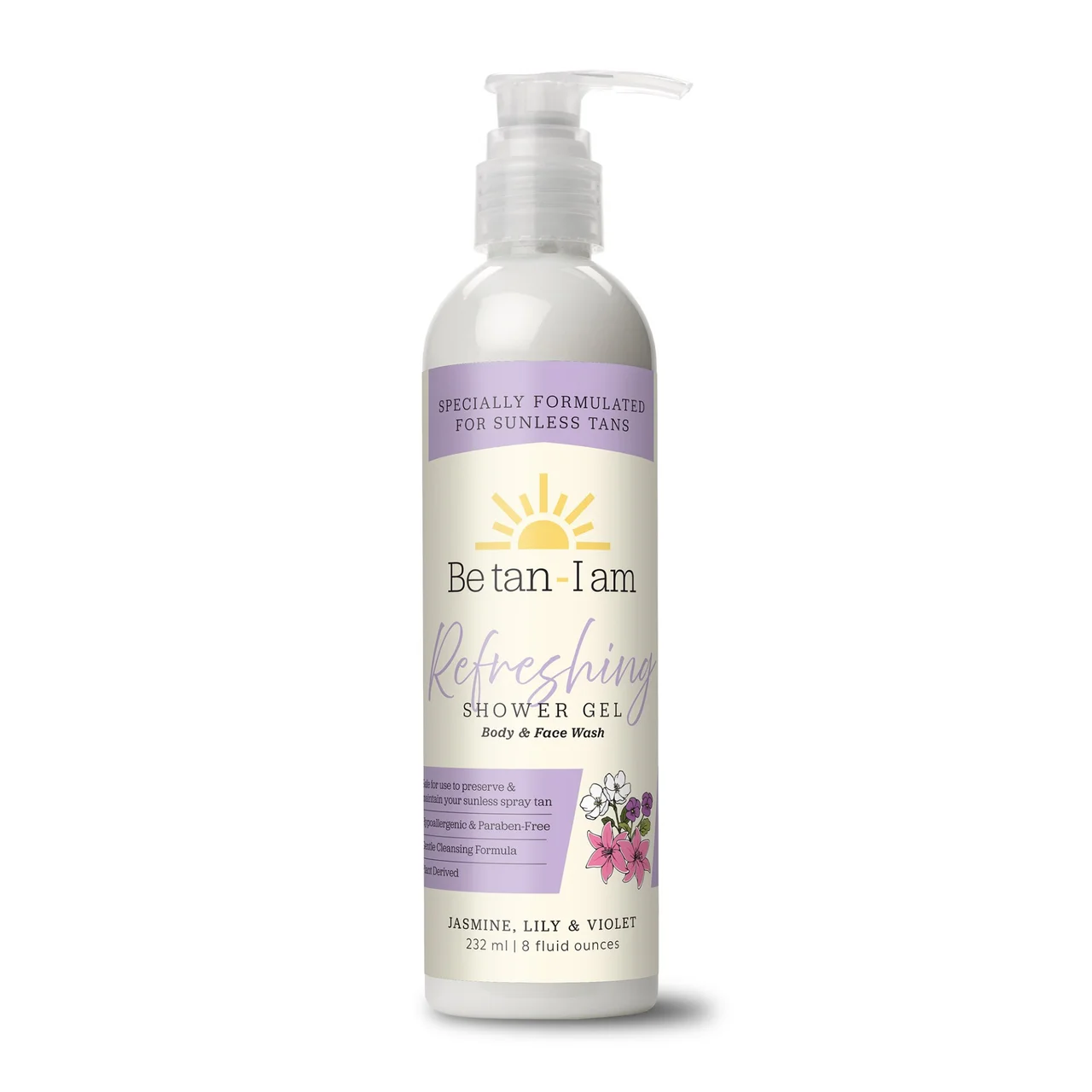 Be tan – I am Shower Gel Body Wash (DHA infused), Key Ingredients: Vitamin C, F134 Jasmine Lily & Violet MEDIUM-HIGH Scent – LABELED (H210) – 8oz with pump
