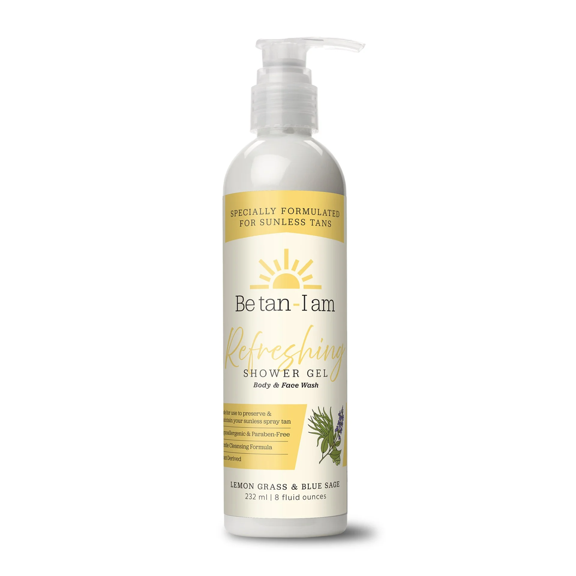 Be tan – I am Shower Gel Body Wash (DHA infused), Key Ingredients: Vitamin C, F210 Lemon Grass and Blue Sage MEDIUM-HIGH Scent – LABELED (H211) – 8oz with pump