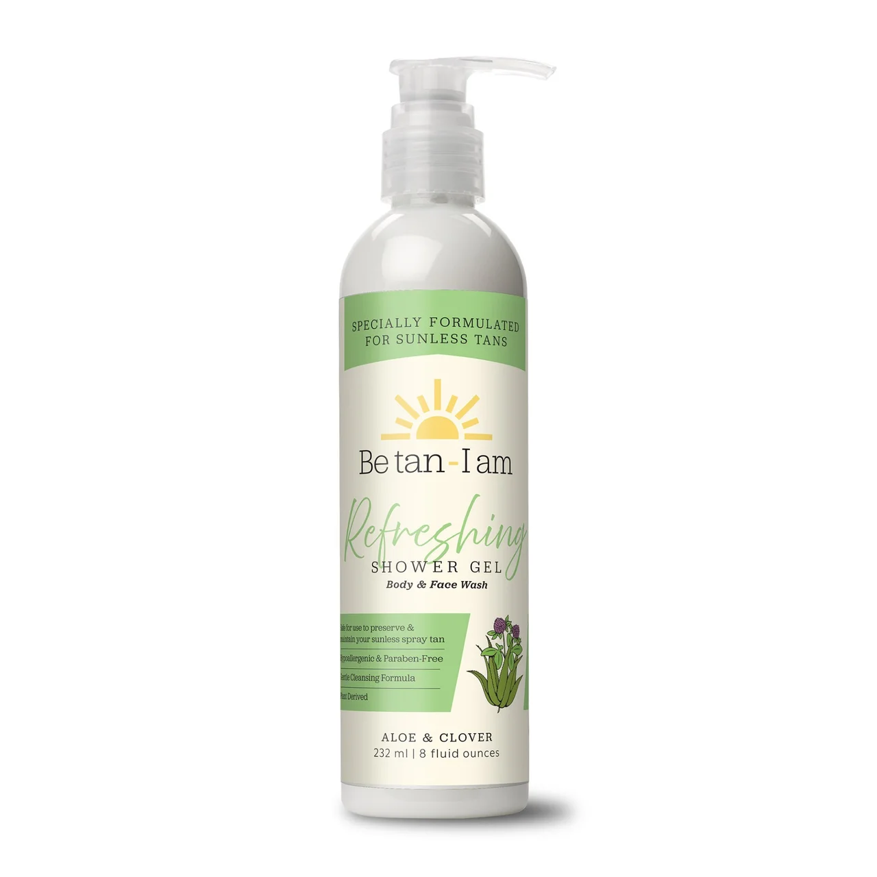 Be tan – I am Shower Gel Body Wash (NO DHA), Key Ingredients: Vitamin C, F168 Aloe and Clover MEDIUM-HIGH Scent – LABELED (H212) – 8oz with pump