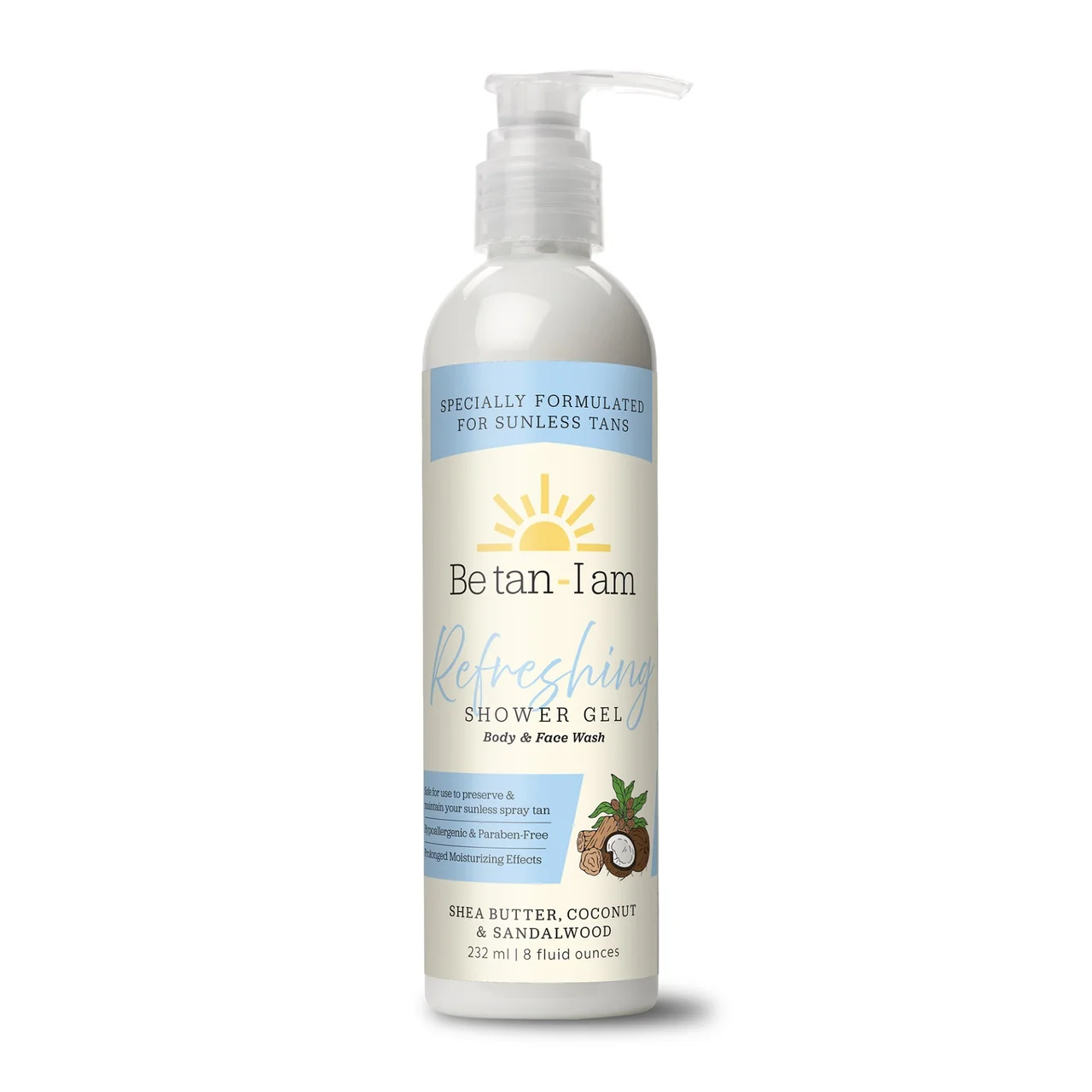 Be tan – I am Shower Gel Body Wash (NO DHA), Key Ingredients: Vitamin C, F264 Shea Butter & Coconut MEDIUM-HIGH Scent – LABELED (H213) – 8oz with pump