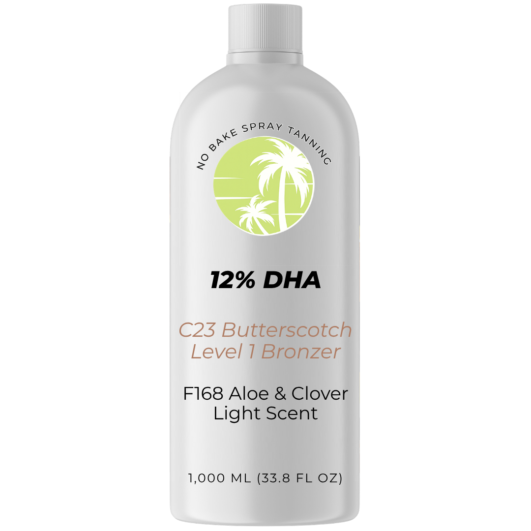 No Bake Solution, 12% DHA, C23 Butterscotch Level 1 Bronzer, F168 Aloe & Clover LIGHT scent – UNLABELED (G923)