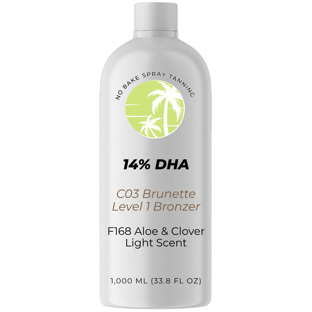 No Bake Solution, 14% DHA, C03 Brunette Level 1 Bronzer, F168 Aloe & Clover LIGHT scent – UNLABELED (G924)