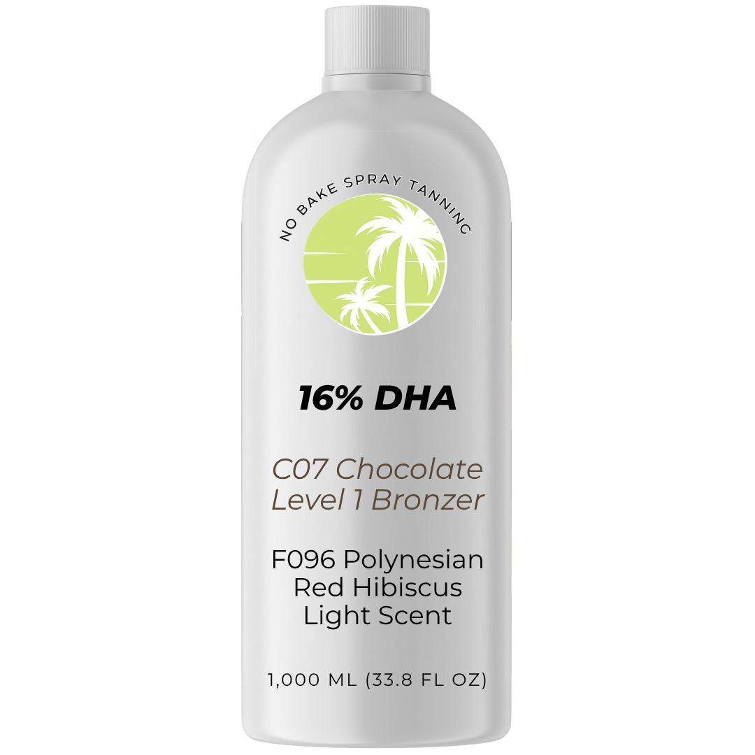 No Bake Solution, 16% DHA, C07 Chocolate Level 1 Bronzer, F096 Polynesian Red Hibiscus LIGHT Scent – UNLABELED (G925)